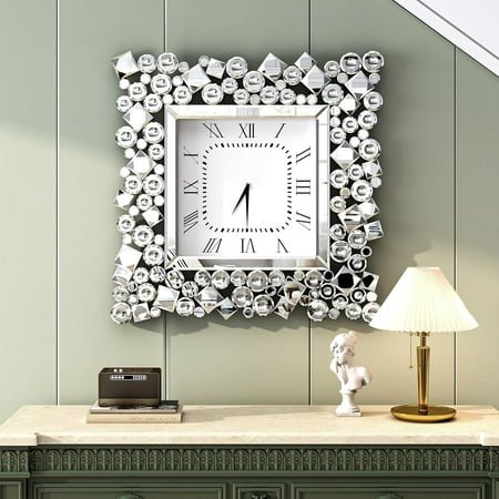 SHYFOY 20 Crystal Wall Clock, Modern Square Mirror Wall Clock with Roman Numerals, Silent Non-Ticking Luxury Wall Decor for Living Room Bedroom Office