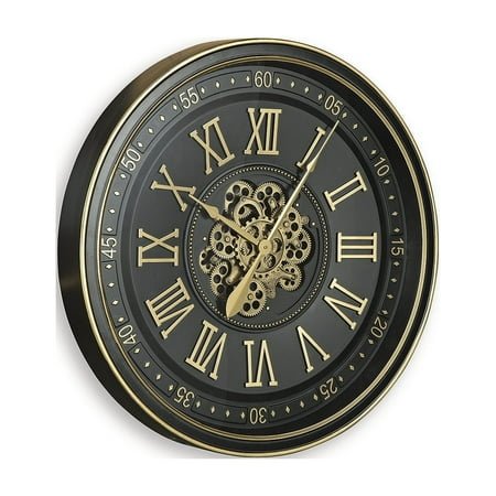 Signature Design by Ashley Dairton Wall Clock, Black & Gold Finish, Industrial Gear Design, Roman Numerals, 32-Inch Round