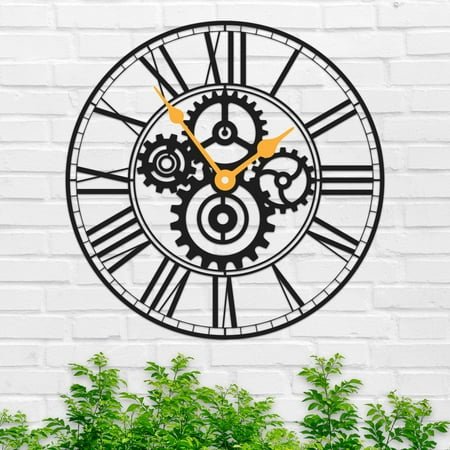 Silent Metal Large Wall Clock,Roman numerals Gear Metal Wall Art,for living room bedroom wall hanging decor metal sign,Housewarming Gift