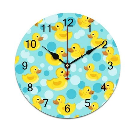 Silent Wall Clock 25cm/9.84in Round Wall Clock Cute Rubber Duck Hanging Clock for Home Living Room Bedroom Kitchen Non Ticking Battery Operated Living Room Mute Clock