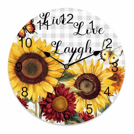 Silent Wall Clocks Battery Operated, Butterfly Sunflower Round Decorative Wall Clock for Living Room Bedroom Kitchen Bathroom Classroom Decor, 10 Inch Live Love Laugh Grey Plaid
