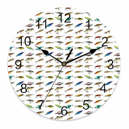 Silent Wall Clocks Battery Operated, Cartoon Fishing Bait Hook Round Decorative Wall Clock for Living Room Bedroom Kitchen Bathroom Classroom Decor, 10 Inch Colorful Fishes White