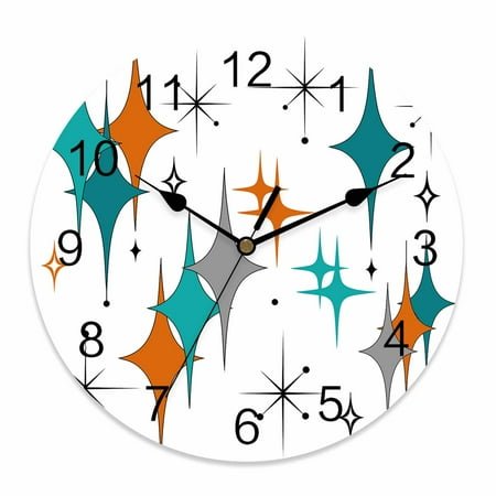 Silent Wall Clocks Battery Operated, Mid Century Modern Round Decorative Wall Clock for Living Room Bedroom Kitchen Bathroom Classroom Decor, 10 Inch Turquoise Orange Grey