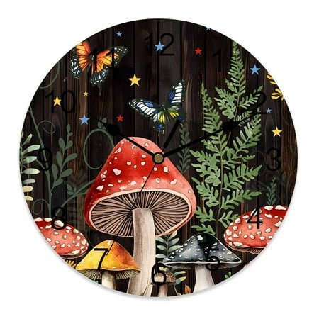 Silent Wall Clocks Battery Operated, Mushroom Butterfly Botanical Round Decorative Wall Clock for Living Room Bedroom Kitchen Bathroom Classroom Decor, 10 Inch Brown