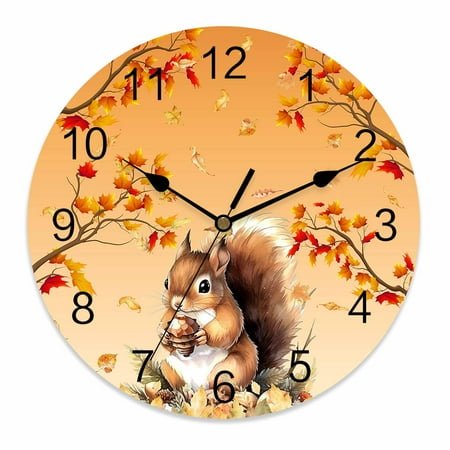 Silent Wall Clocks Battery Operated, Orange Fall Thanksgiving Round Decorative Wall Clock for Living Room Bedroom Kitchen Bathroom Classroom Decor, 10 Inch Brown Squirrel Maple Leaves