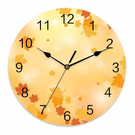 Silent Wall Clocks Battery Operated, Orange Fall Thanksgiving Round Decorative Wall Clock for Living Room Bedroom Kitchen Bathroom Classroom Decor, 14 Inch Vintage Maple Leaf