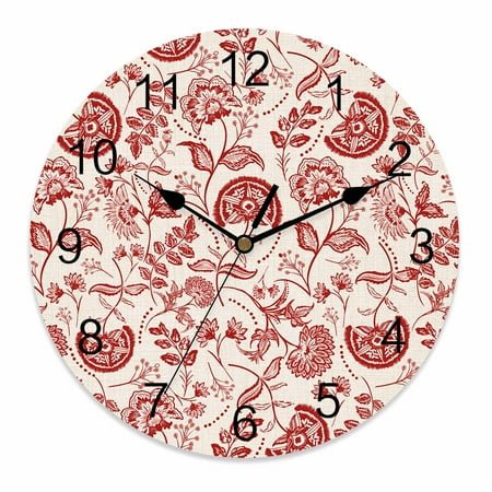 Silent Wall Clocks Battery Operated, Red Chinoiserie Floral Round Decorative Wall Clock for Living Room Bedroom Kitchen Bathroom Classroom Decor, 14 Inch Vintage Farmhouse Cottagecore