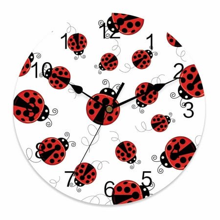Silent Wall Clocks Battery Operated, Red Ladybug Round Decorative Wall Clock for Living Room Bedroom Kitchen Bathroom Classroom Decor, 12 Inch Red Black Polka Dot