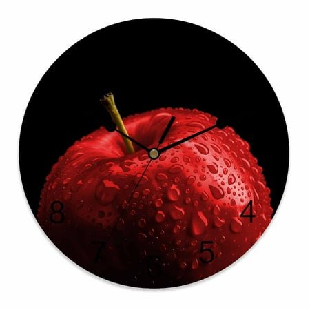 Silent Wall Clocks Battery Operated, Red Modern Fruit Round Decorative Wall Clock for Living Room Bedroom Kitchen Bathroom Classroom Decor, 12 Inch Black Classic Close-up