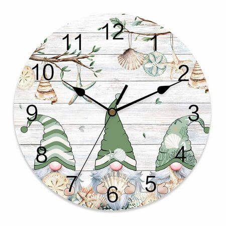 Silent Wall Clocks Battery Operated, Retro Coastal Round Decorative Wall Clock for Living Room Bedroom Kitchen Bathroom Classroom Decor, 10 Inch Gnome Shell Starfish Green Ivory