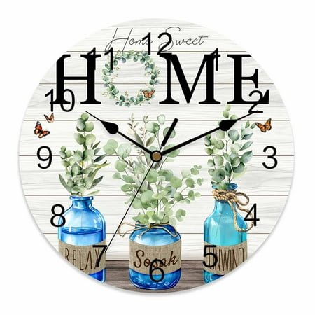 Silent Wall Clocks Battery Operated, Retro Farmhouse Round Decorative Wall Clock for Living Room Bedroom Kitchen Bathroom Classroom Decor, 10 Inch Eucalyptus Leaves Home Sweet Home Green Ivory