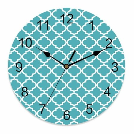 Silent Wall Clocks Battery Operated, Turquoise White Geometric Round Decorative Wall Clock for Living Room Bedroom Kitchen Bathroom Classroom Decor, 14 Inch Minimalist Morocco Pattern