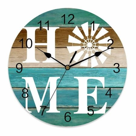 Silent Wall Clocks Battery Operated, Vintage Windmill HOME Round Decorative Wall Clock for Living Room Bedroom Kitchen Bathroom Classroom Decor, 14 Inch Turquoise Brown Farmhouse Wood