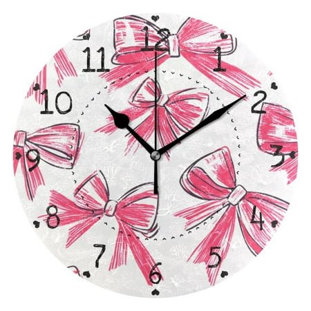Simple Design Pink Bow Round Wall Clock Silent Battery Operated Home Decor for Living Room Bedroom