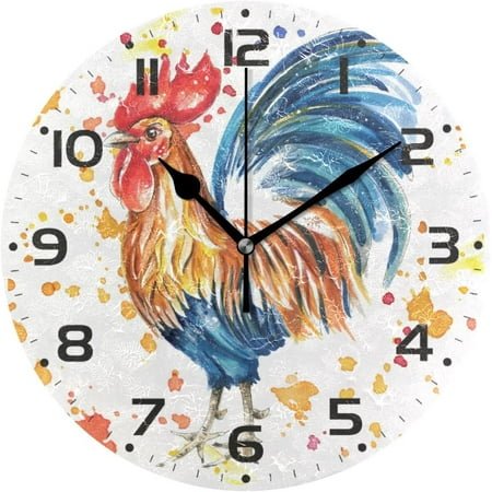 SKYSONIC Rooster Wall Clock 10 Inch Silent Non Ticking Round Clock Oil Painting Clock Easy to Read Clock for Living Room Bedroom Bathroom Home Decor