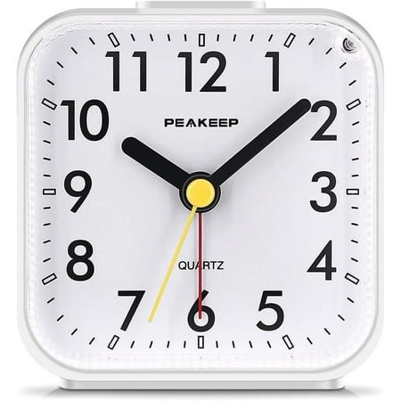 Small Battery Operated Analog Travel Alarm Clock Silent No Ticking, Lighted on Demand and Snooze, Beep Sounds, Gentle Wake, Ascending Alarm, Easy Set (White)