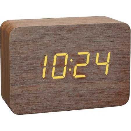 Small digital clock, wooden alarm clock on the bedside table in the bedroom, fashionable wood grain alarm clock, dimmable travel clock with LED data d