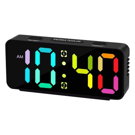 Small Super Loud Alarm Clock for Heavy Sleepers, Plug-In Digital Clock with Large RGB Colorful Display, Adjustable Alarm Volume, Dimmer, Ideal for Bedroom, Kids, and Adults,Black