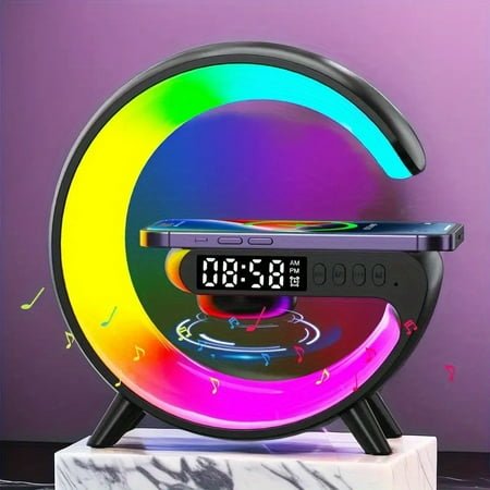 Small Wireless Speaker With Alarm Clock - Wireless Charger Stand, Bedside Lamp RGB Night Light Suitable for Bedroom Home Decoration