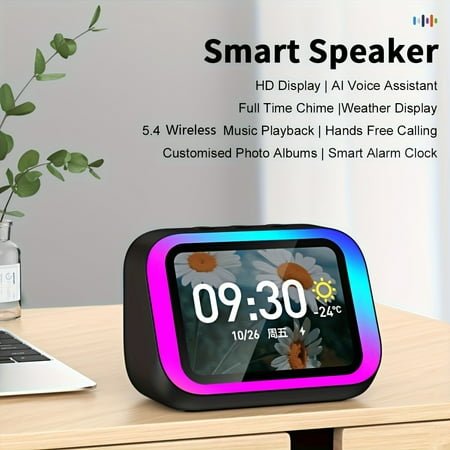 Smart Alarm Clock with AI Voice Assistant & 5.4 Wireless Speaker - Customizable Color Night Light, Bluetooth Speakerphone, Dual Alarm, Weather Forecast for Bedroom
