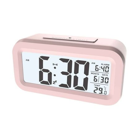 Smart Digital Alarm Clock with Temperature Display, Light Sensor, Silent Operation, Snooze Function, Large LCD Screen, Auto-Dimming Backlight, Portable Desk Clock for Office, Students, Pink