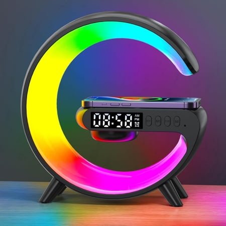 Smart LED Table Lamp with Wireless Charger Bluetooth Speaker Atmosphere Light Alarm Clock Bedside Lamp - Black
