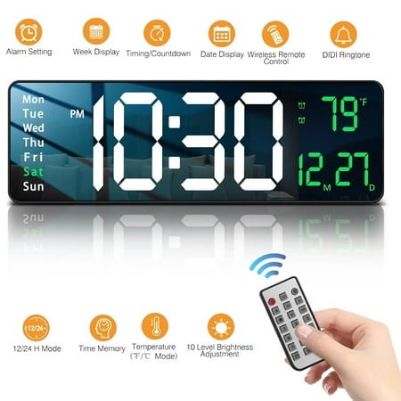 Soapow Large Digital Wall Clock, 16 LED Auto Brightness Dimmer Clock with Remote Control, Date Week Temperature for Living Room Decor