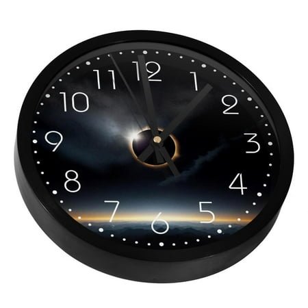 Solar Eclipse on Black Space Sky Silent Wall Clock, Non Ticking Battery Operated 9.8 Inch Wall Clocks for Bedroom Kitchen Home Office School Art Decor