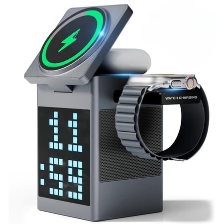 SONGAUN 3-in-1 Wireless Charger, Bluetooth Speaker, Pixel Animation Display, Digital Alarm Clock for Apple Mag Safe iPhone 17 16e 16 15 14 13 12 Pro Max iWatch and AirPods Fasting Charging Station