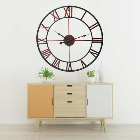 SOPOTUTU Large Vintage European Metal Clock Hollowed-Out Roman Numeral Wall Decor Red