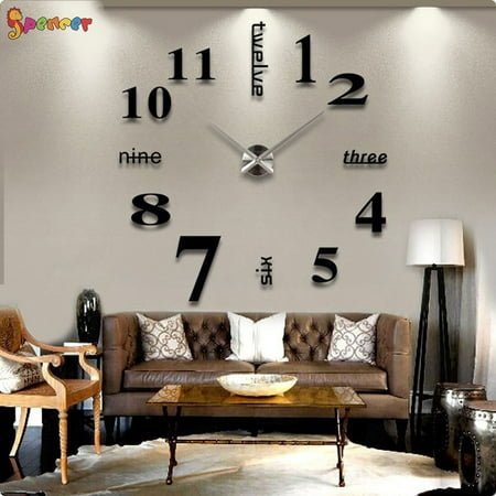 Spencer Large 3D Frameless Wall Clock Stickers Modern DIY Mirror Wall Clock Decoration for Living Room Bedroom Home Office Black