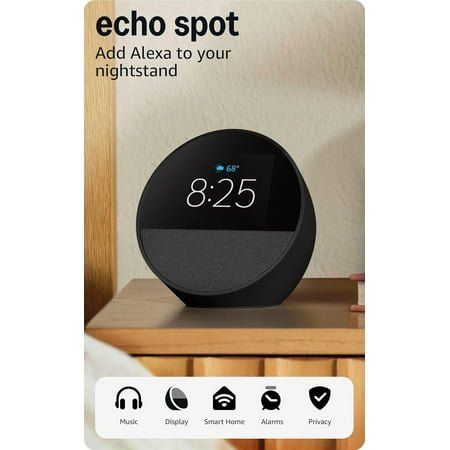 Spot (newest model), Great for nightstands, offices and kitchens, Smart alarm clock with Alexa+ Early Access, Black