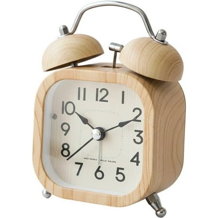 Square Double Bell Alarm Clock Vintage Wood Grain Alarm Clock Bedside Wake Up Clock Home Decor Battery Operated with Backlight No Ticking Silent Alarm Clock