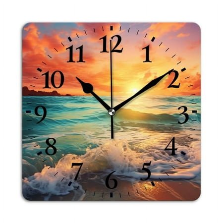 Square Wall Clock,Beautiful Sunset Over The Ocean With Waves Crashing On The Shore,Silent Non-Ticking Wall Clock Decor for Home Office Kitchen Living Room Bedroom(10inch)