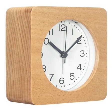 Square Wooden Alarm Clock with Arabic Numerals, Non-Ticking Silent, Backlight, Battery Operated, Nature