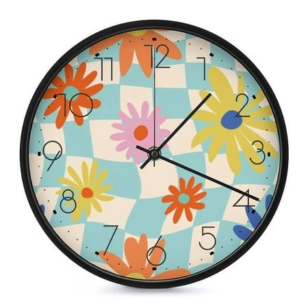 Stylish Round Wall Clock 9.8in Quiet Silent Easy To Hang Sturdy And Durable For Office Bedroom Living Room Classroom Dining Room 1970s Retro Daisy Pattern