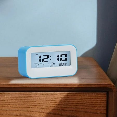 Summercome Upgraded Digital Alarm Clock, HD LED Display, Date Day Temperature Display, Portable Snooze Calendar Alarm Clock, Battery Powered Alarm Clocks Bedside for Everyone (Blue)