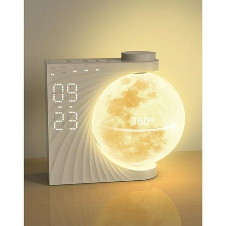 Sunrise Alarm Clock for Bedrooms - Auto-Rotating Moon Lamp with Wake-Up Light & Night Light, 10 Nature Sounds, Dual Alarms for Heavy Sleepers, 30/60/90 Timer & Snooze
