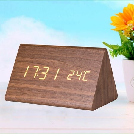 TABLZONE LED Wood Alarm Clock Brown Desk Digital Display with Temperature and Brightness Control