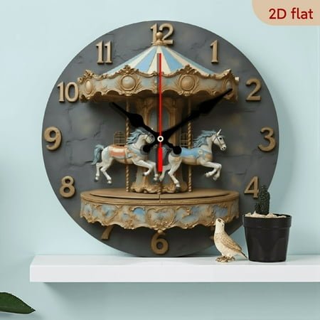 The 10-inch 2D flat Carousel silent wooden wall clock is an ideal gift for Halloween, Easter and Christmas.