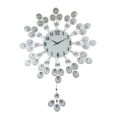Three Star Import & Export YC750 37 x 27 in. Round Wall Clock, Silver Peacock Feather Style with Pendulum