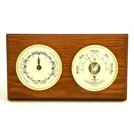 Tide Clock and Barometer with Thermometer on Oak Wood with Brass Bezel. Wall Mounts Vertically or Horizontally.
