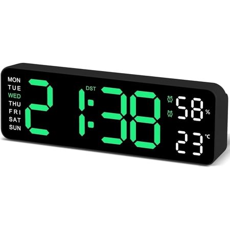 TIMESS 9 LED Wall Clock, Silent Digital Clock with Temp Humidity Display, Green