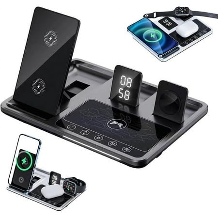 TJOUL 6 in 1 Alarm Clock Wireless Charger Stand, Fast Charging Station with Night Lamp and Clock, Multiple Devices Compatible with iOS & Android Phones, Earbuds and Smart Watch(Gray)