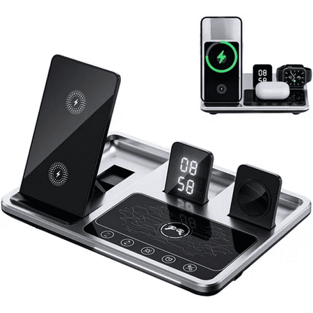 TJOUL 6 in 1 Alarm Clock Wireless Charger Stand, Fast Charging Station with Night Lamp and Clock, Multiple Devices Compatible with iOS & Android Phones, Earbuds and Smart Watch(Silver)