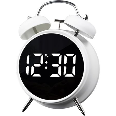Twin Bell Alarm Clock, LED Display Digital Clock with Night Light, USB Rechargeable/Battery Operated Loud Bell Metal Alarm Clock for Office Bedroom (White)
