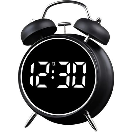 Twin Bell Alarm Clock, LED Display Digital Clock with Night Light, USB Rechargeable/Battery Operated Loud Bell Metal Alarm Clock for Office Bedroom (Black)