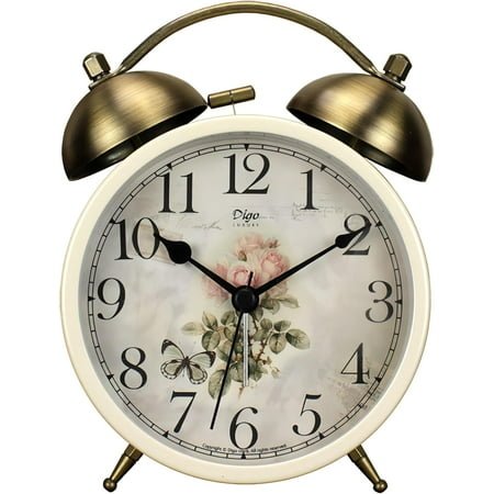 Twin Bell Alarm Clock, Retro Analog Alarm Clock Silent Non-Ticking Quartz with Nigh Light, Small Desk Clock for Bedside Table, Battery Operated (Rose)
