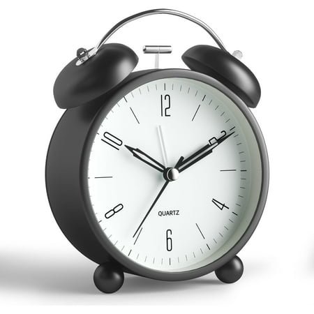 Twin Bell Loud Alarm Analog Alarm Clock, 4 inch Super Silent Non Ticking Small Clock with Night Light, Battery Operated, Simple Design, Old Fashioned, for Heavy Sleeper, Bedroom, Bedside, Desk, Black
