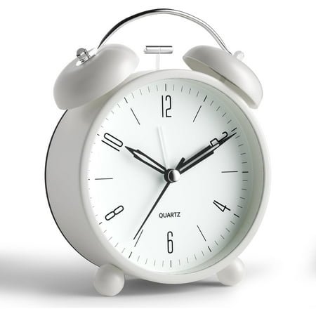 Twin Bell Loud Alarm Analog Alarm Clock, 4 inch Super Silent Non Ticking Small Clock with Night Light, Battery Operated, Simple Design, Old Fashioned, for Heavy Sleeper, Bedroom, Bedside, Desk, White